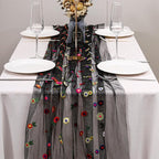 BINBE 1pcs Black Daisy Fall Table Runner Embroidery Gauze 10FT Florals Seasonal Tulle Holiday Birthday Kitchen Dining Table Decor for Home Party