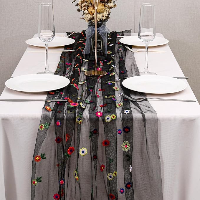 BINBE 12pcs Daisy Fall Table Runner Embroidery Gauze 10FT Florals Seasonal Tulle Holiday Birthday Kitchen Dining Table Decor for Home Party Black