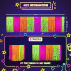 Mega-L Glow in The Dark Party Supplies, 2 Pack Neon Party Decorations Fluorescent Macaron Orange, Yellow and Fuchsia Wavy Metallic Tinsel Foil Fringe Table Skirts, Perfect Table Decors Glow Decors