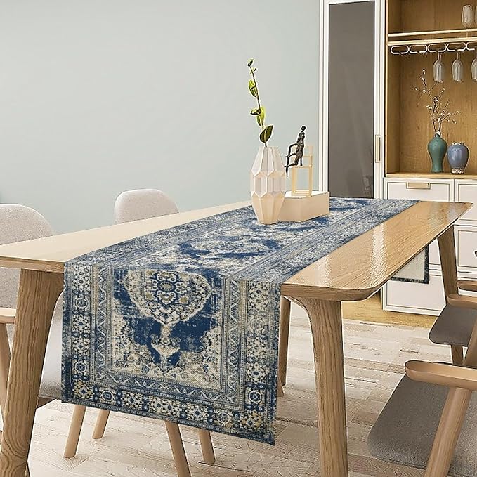 Vintage Boho Floral Table Runner, Rustic Country Farmhouse Blue Teal Retro Flower Pattern for Home Kitchen Table Decor Dining Coffee Room Party Decor 13x90in