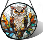 Stained Glass Window Hanging, Owl Colorful Leaves Birds Sun Catchers Diamond Glass Panel Hangings Suncatcher Decor for Birthday for Women, Men, Wife, Aunt, and Mom 11.8x11.8 in