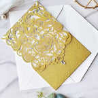 Hosmsua 50PCS Blank Wedding Invitation Cards 5 x 7.3 Inch Gold Laser Cut Hollow Heart Floral Invitation with Rhinestone pockets invitations for Engagement Quinceanera Invite (Gold Glitter)