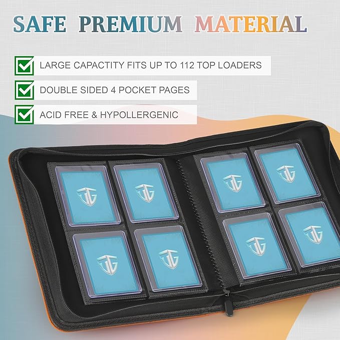 Toploader Binder,Holds 112 Toploaders, 4 Pocket Top Loader Binder for 3" x 4" Rigid Card Holders for Trading Cards or Sports Cards Binders(Orange)