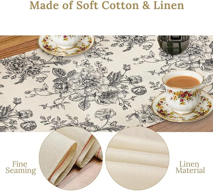 Vintage Flower Table Runner, Black White Wildfloral Floral Sketch Print Kitchen Dinning Table Runner for Indoor Outdoor Home Wedding Party Holiday, 13x70 Inch