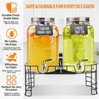 2 Gallon Glass Drink Dispenser for Parties, 2 Pack Beverage Dispenser with Stand, Lemonade Dispenser with 18/8 Stainless Steel Spigot, Leakproof for Sun Tea, Juice, Picnic, BBQ & Bars