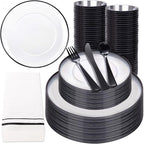 NOCCUR 350PCS Clear and Black Plastic Plates - Disposable Dinnerware Set for 50 Guests Include 100 Dinner/Dessert Plates,150 Black Cutlery,50 Cups&50 Napkins Ideal for Party, Birthday, Halloween