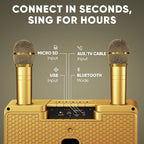 MASINGO Karaoke Machine for Adults and Kids with 2 Wireless Microphones, Portable Bluetooth Singing Speaker, Colorful LED Lights, PA System, Lyrics Display Phone Holder, and TV Cable. Presto G2 Gold