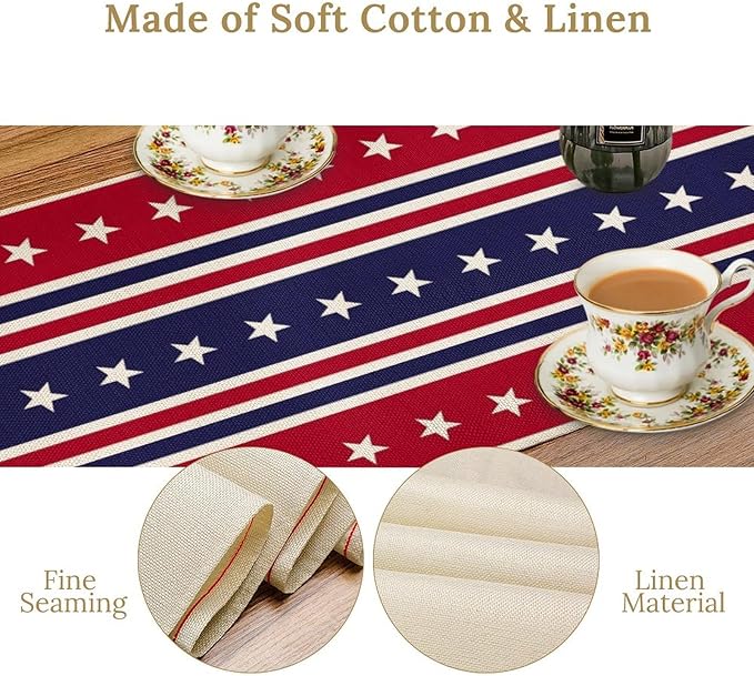 4th of July Table Runner, USA Flag Stars Stripes American Independence Day Red Blue White Stars Lines Print Table Cover for Farmhouse Kitchen Indoor Outdoor Home Party, 13x120inch