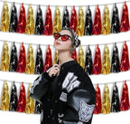 3P Metallic Fringe Banner Garland Foil Tinsel Streamer Wall Hanging Curtain Backdrop Banners for Parade Floats Graduation Decorations, Baby Bridal Shower Party Decoration(Red-Black Gold)