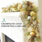5 ft Christmas Garland for Mantle Unlit Garland for Stairs Railing, Banister, Staircase, Fireplace, for Table No Light, Garland Decor Frosted Red Poinsettia Holiday Tree (Glittery Champagne Gold)