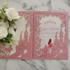 20PCS Castle Pocket Invitations, Quinceanera Invitations with Envelopes, Princess Invitation, Laser Cut quince invites (glitter pink)