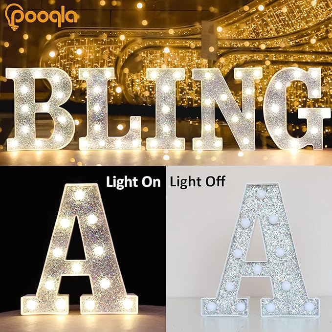 Pooqla Light Up Letters, LED Marquee Letters for Silver Birthday Decorations, Battery Powered Night Light Teenager Girl Room Decor, Gift for Girls Boys Wedding Bedroom Christmas Party Decor, Letter R