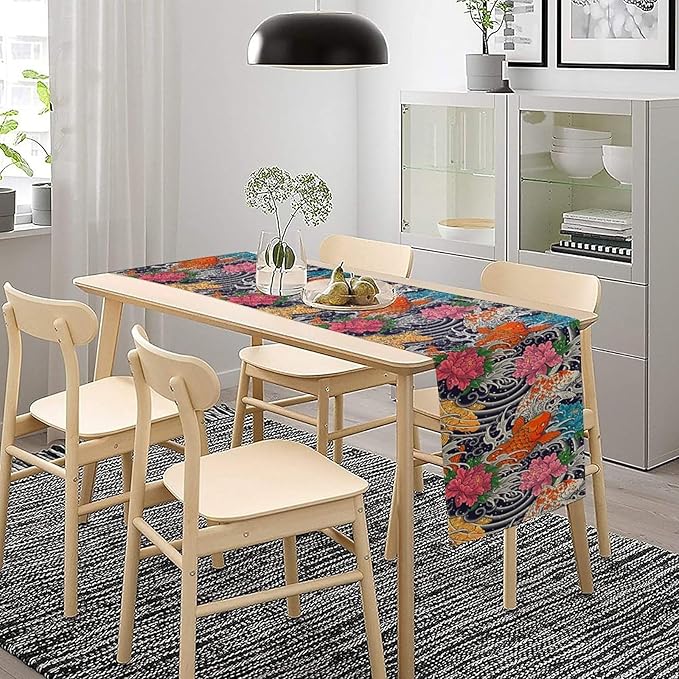 Japanese Retro Flowers Table Runner Oriental Tradition Kio Fish Art Printed Burlap Runner Home Kitchen Dining Table Living Room Decor Fabric 1 Panel W13xL60in