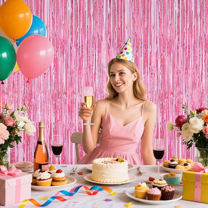 Pink Party Decorations, 2Pack Glitter Pink Backdrop, Metallic Tinsel Backdrop Fringe Curtains Backdrop Curtains, Photo Backdrop Party Supplies Wedding Engagement Christmas Birthday Party Decorations