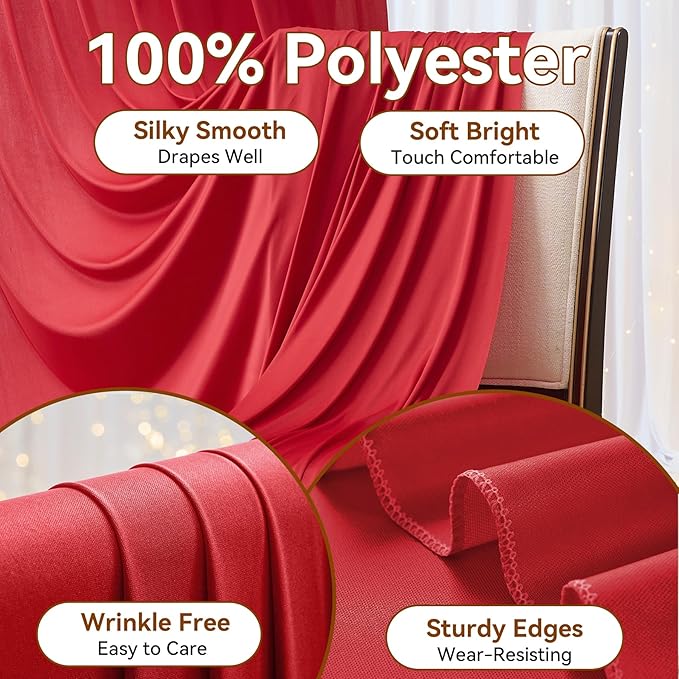 30×12ft Wrinkle Free Red Backdrop Curtain for Wedding Parties,6 Panels 5×12ft Long Soft Silky Polyester Backdrop Drapes Red Photo Back Drop Curtains for Photography Stage Christmas Background Cloth