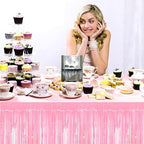 3 Pack 29x108 Inch Macaron Pink Foil Fringe Table Skirts Metallic Banner for Tinsel Streamer Garland Backdrop for Parade Floats Wedding Thanksgiving Birthday Christmas Halloween Party Decoration
