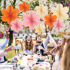 SUNBEAUTY Paper Flowers Decorations for Wall Paper Fans Classroom Decoration Paper Floral Backdrop Decor Paper Fans Decoration Hanging Paper Fans Orange Flower Wall Decor,Set of 9