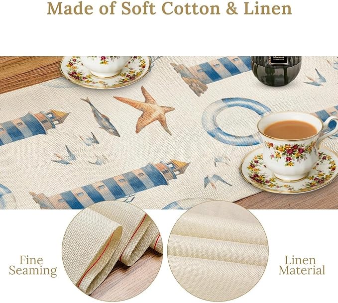 Blue Beach Table Runner, Tropical Ocean Coast Table Runner, Seashell Seasonal Nautical Restaurant Coffee Table Decorations for Home Holiday Party Indoor Outdoor 13x60 Inch