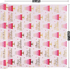 Aimyoo Pink Birthday Wrapping Paper Roll - 17 Inch X 32.8 Feet - Gold Foil Celebration Cake, Happy Birthday Lettering Design Gift Wrap for Kids, Baby Showers