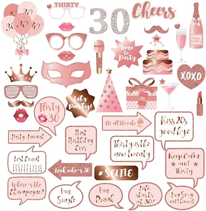 30th Birthday Party Photo Booth Props and Signs, Rose Gold 30 Birthday Party Selfie Props Kit with Sticks for Girls Women, Thirty 30th Happy Birthday Party Decorations Supplies Favors