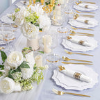 COLOSUS 350pcs White Plastic Plates Disposable Gold Cutlery Dinnerware set for party: 50 Dinner Plate, 50 Dessert Plate, 50 Per Rolled Napkins with Gold Silverware, 50 Cups 9 OZ for Wedding & Party