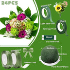 24PCS Round Floral Foam Blocks Holder Set Mini Flower Foam with Bouquet Accessories，Floral Wire, Plant Tape,Crafts Gift Ribbon