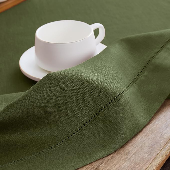 Solino Home Olive Linen Table Runner 156 Inches Long - 100% Pure Linen Classic Hemstitch Table Runner 14 x 156 Inch for Wedding, Parties, Fall, Autumn, Thanksgiving