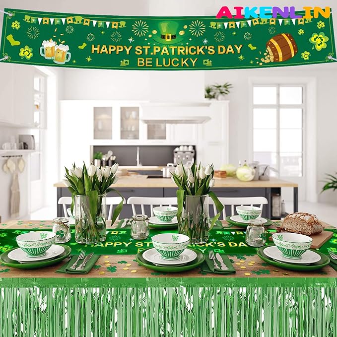 6 Pack 29x108 Inch Metallic Foil Fringe Tinsel Table Skirts Banner for Rectangle Tables Streamer Curtains Backdrop for Wedding, Birthday, Parade Floats, St Patrick Day Party Decoration(Light Green)