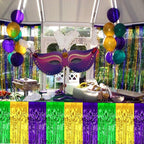 4 Pack 29x108 Inch Mardi Gras Metallic Foil Fringe Tinsel Table Skirts for Rectangle Tables Streamer Backdrop for Wedding, Birthday, Parade Floats, Valentine's Day Party Decoration(Gold Green Purple)