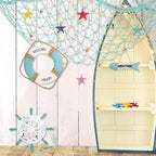 Marsui 11 Pcs Wooden Nautical Wall Decor Fishing Net Decorations, Include Decorative Fishing Net, Ship wheel, Fish Skeleton, Life Ring, Anchor, Starfish Beach Decor for Mediterranean Party (Teal)