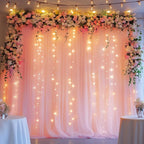 Fomcet Peach Tulle Backdrop Curtains with Lights String 10FT X 10FT Sheer Curtain with Lights for Backdrop Tulle Curtain for Wedding Birthday Party Photo Shoot (2 Panels 5x10FT)