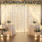 10x10ft Ivory Chiffon Backdrop Curtain with Lights String for Wedding Parites, Sheer Photo Backdrop Curtains for Baby Shower Bridal Shower Birthday Party Ceremony Reception
