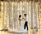 Champagne Tulle Photo Backdrop Curtain with Lights String for Parties Wedding Bridal Shower Sheer Champagne Curtain Backdrop for Birthday Baby Shower Photo Booth Photography 20ft x 8ft