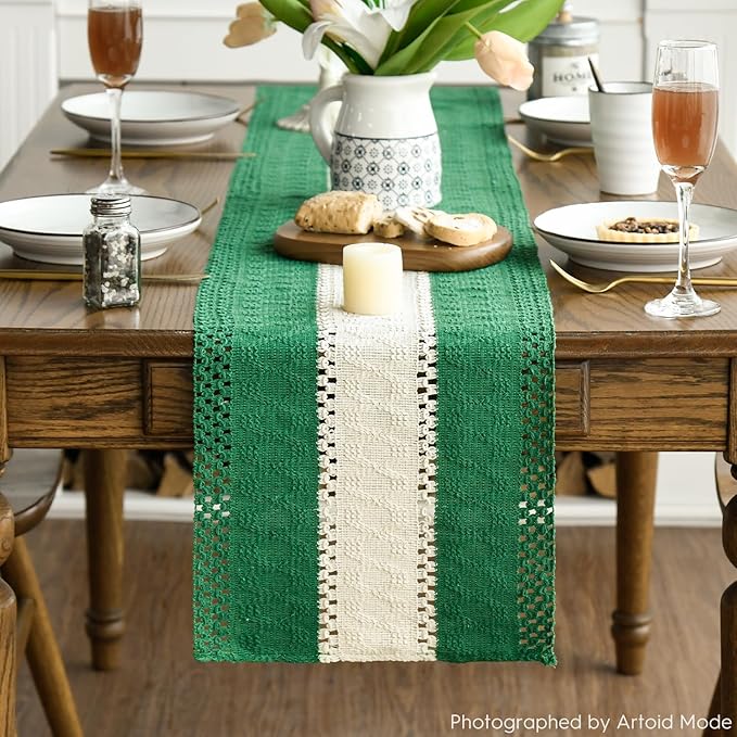 Artoid Mode Dark Green Farmhouse Rustic Table Runner, Seasonal Hollow Kitchen Dining Table Decoration for Home Party Decor 12x60 Inch