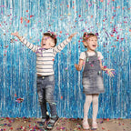 GOER 3.2 ft x 8.2 ft Metallic Tinsel Foil Fringe Curtains Party Photo Backdrop Party Streamers for Birthday,Graduation,New Year Eve Decorations Wedding Decor (4 Packs,Blue)