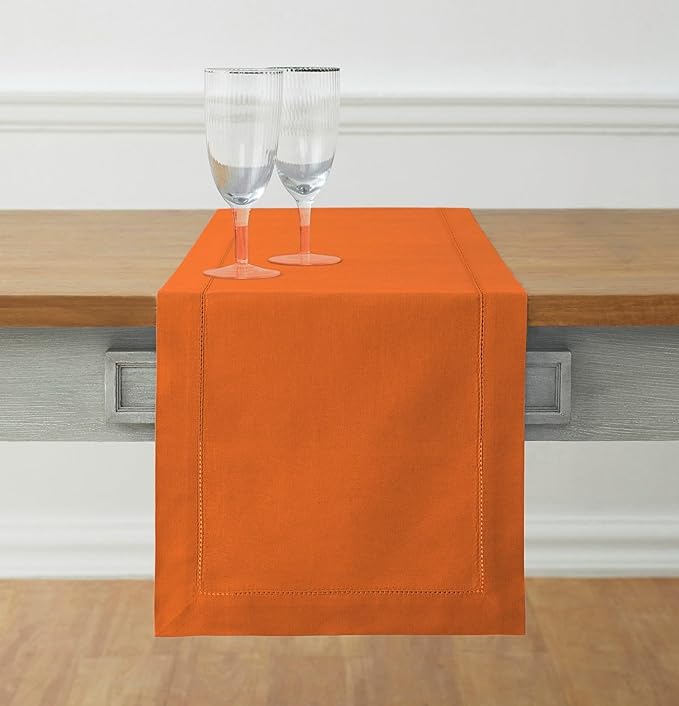 Solino Home Cotton Linen Table Runner 48 Inches - Pumpkin Hemstitch Table Runner 14 x 48 Inch Ideal for Dresser and Coffee Tables - Fall, Autumn, Halloween, Thanksgiving, Holiday