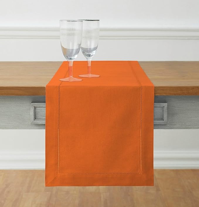 Solino Home Cotton Linen Pumpkin Table Runner 90 Inches Long - Hemstitch 14 x 90 Inch Table Runner for Fall, Autumn, Halloween, Thanksgiving, Holiday - Handcrafted and Machine Washable