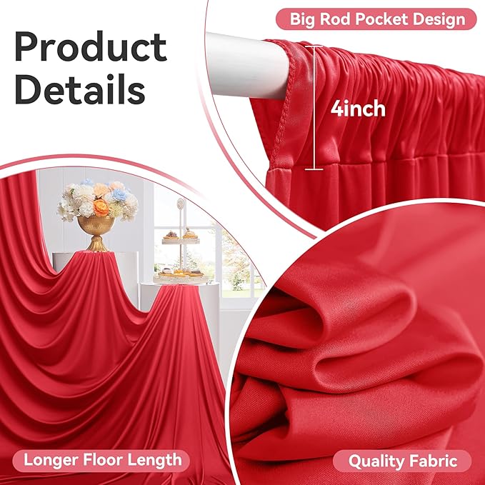 60ftx12ft Wrinkle Free Red Backdrop Curtain, 12 Panels 12FT Height Red Wedding Backdrop Drapes, Silky Polyester Back Drop Cloth for Birthday Photography Background Party Backdrop Draping