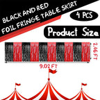 4 Pack 29x108 Inch Metallic Foil Fringe Tinsel Table Skirts for Rectangle Tables Streamer Backdrop for Wedding, Birthday, Parade Floats, Christmas, Halloween Party Decoration(Black Red)