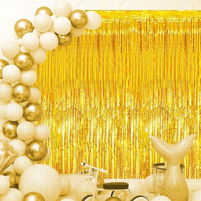 2 Pack Gold Tinsel Foil Fringe Curtains, Gold Party Decorations, Metallic Tinsel Party Streamers Backdrop for Birthday Baby Shower Graduation Wedding New Year Party Decorations
