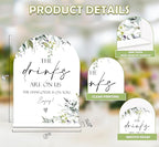 Greenery The Drinks Are On Us Sign, 6 x 8 Inch White Arch Acrylic Wedding Sign with Holder, Wedding Sign for Ceremony and Reception, Wedding Decoration, Wedding Supplies - LY08