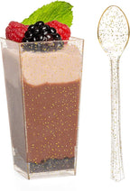 Ilyapa 3oz Plastic Dessert Cups - 100 Pack Mini Dessert Cups with Spoons - Clear Reusable Small Appetizer Cup for Cheesecake Shooters, Chocolate Mousse - Party and Catering Supplies - Square Gold
