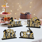 4 Pieces Anniversary Decorations Wooden Table Centerpieces, Black Gold Happy Wedding Anniversary Table Sign Party Supplies, 10th 20th 30th 40th 50th 60th Anniversary Table Decor for Indoor Outdoor