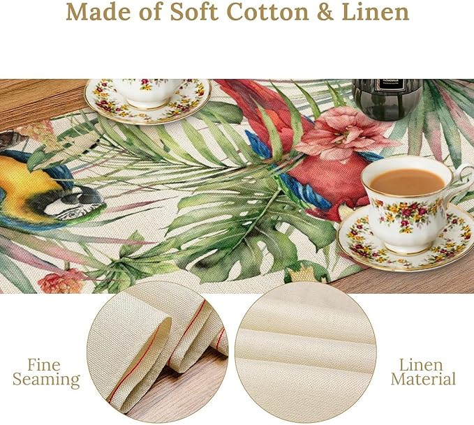 Parrot Table Runner,Tropical Palm Leaf Colorful Macaw Bird Watercolor Print Tablecloth Burlap for Hotel Indoors Outdoor Dining Room Kitchen Home Decor,W13X L80 in