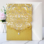 Hosmsua 50PCS Blank Wedding Invitation Cards 5 x 7.3 Inch Gold Laser Cut Hollow Heart Floral Invitation with Rhinestone pockets invitations for Engagement Quinceanera Invite (Gold Glitter)