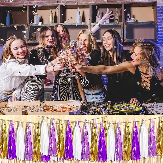 8P Purple-Gold Party Decoration Tassel Garland, Tassels Banner Streamers for Parade Floats, Bachelorette, Wedding, Birthday, Halloween, Christmas, Bridal/Baby Shower Party Decorations
