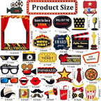 34pcs Hollywood Themed Movie Night Party Photo Booth Props, Hollywood Selfie Frame with Party Photo Props, Red Carpet Cutouts Cards Table Toppers Theme Decor Movie Night Party Supplies