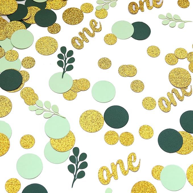 300PC Gold Glitter and Sage Green First Birthday Decorations for Girl/Boy Greenery Happy 1st Birthday Confetti for Table for Baby One Year Old Party Decor Supplies