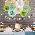 Sage-Olive Green Gold Brown Boho Party-Decorations - 33pcs Paper Lanterns Fan, Banner,Streamers Tassel Garland,Tissue Pom Poms,Baby Bridal Shower Birthday Wedding Bachelorette Engagement Decor Hugtmr