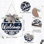 CHDITB Blue Welcome Winter Front Door Sign Wreath(11.4”), Wooden 3D Welcome Home Decoration Wall Hanging with Plaid Bow Snowflake, Farmhouse Christmas New Year Decor for Home Office